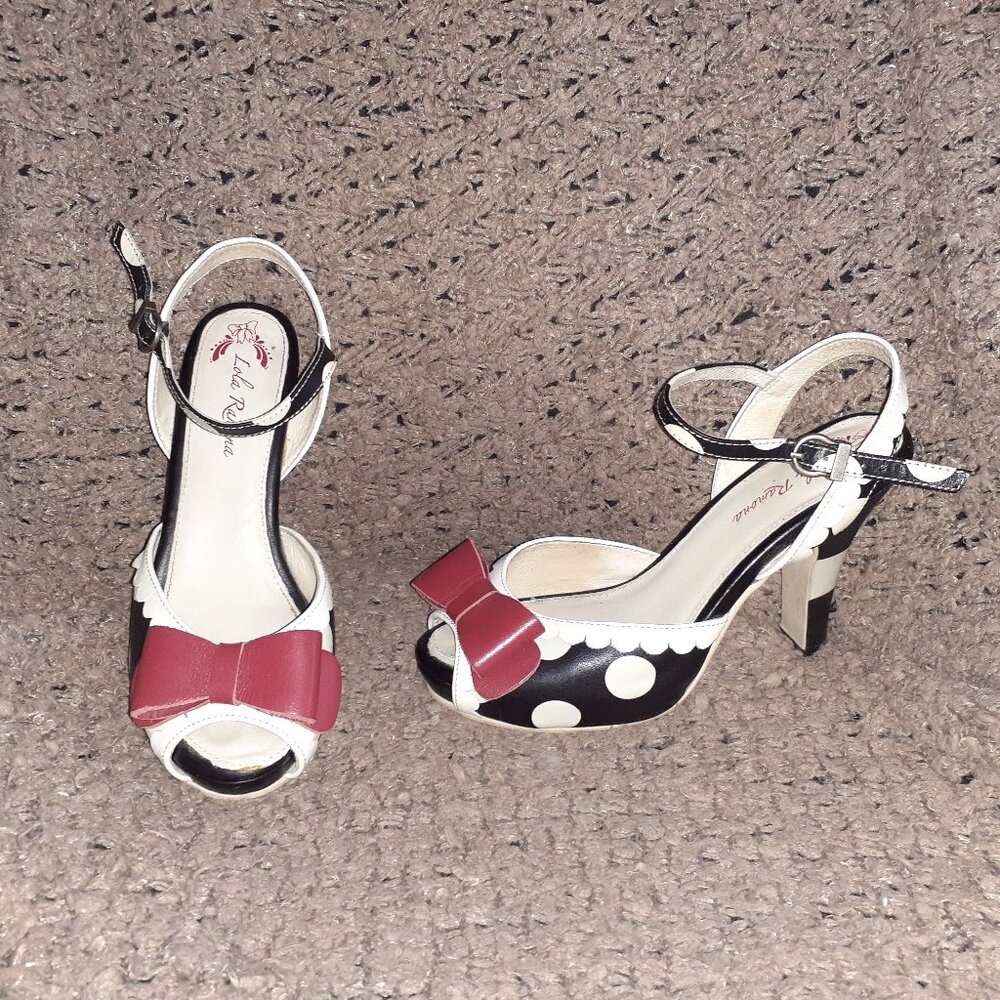 LOLA RAMONA-Angie-Rockabilly/Retro-Black/White Polka Dot-Red Bow-Sz 37-Excellent